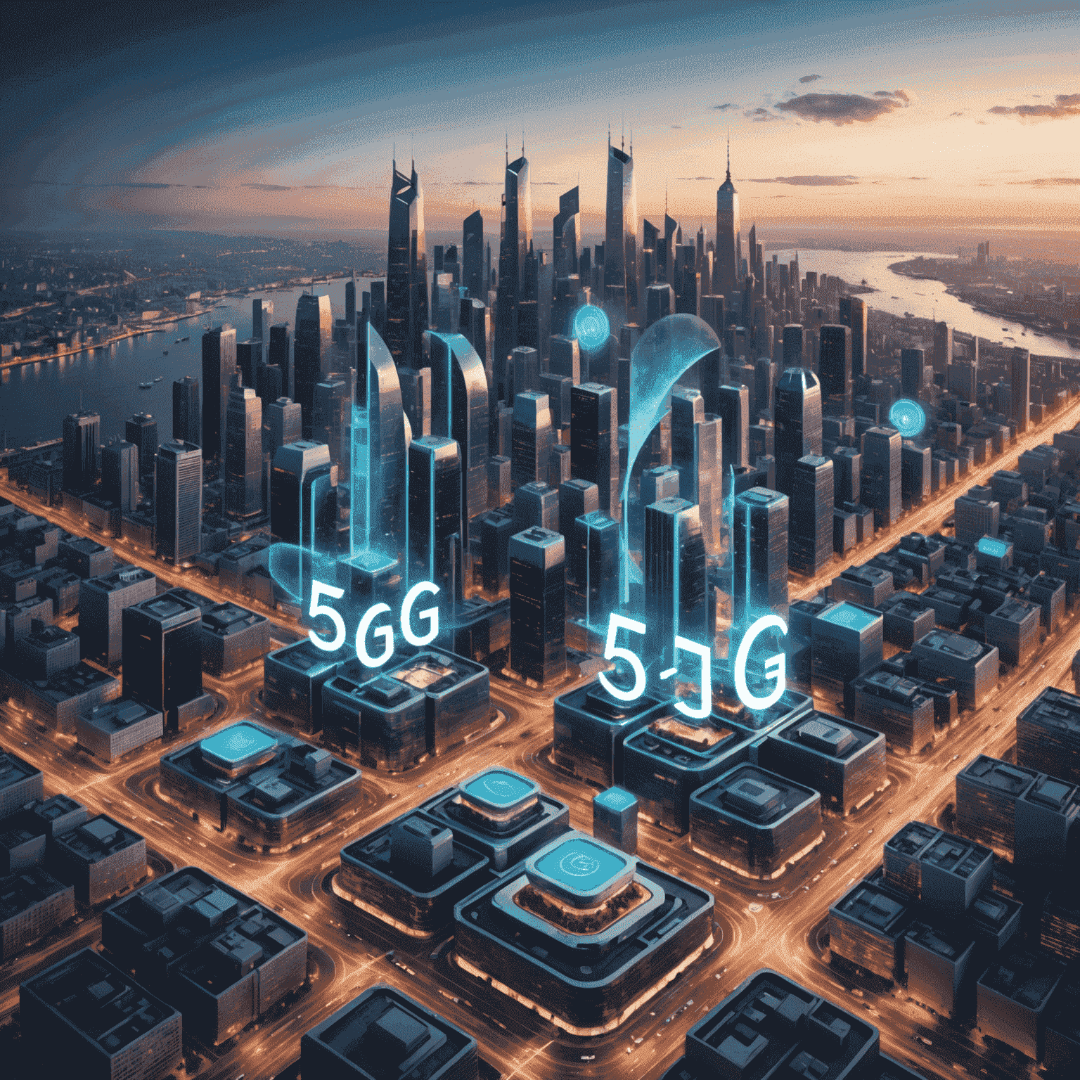 A futuristic cityscape with visible 5G network waves connecting various smart devices and infrastructure, showcasing the interconnectedness of 5G technology