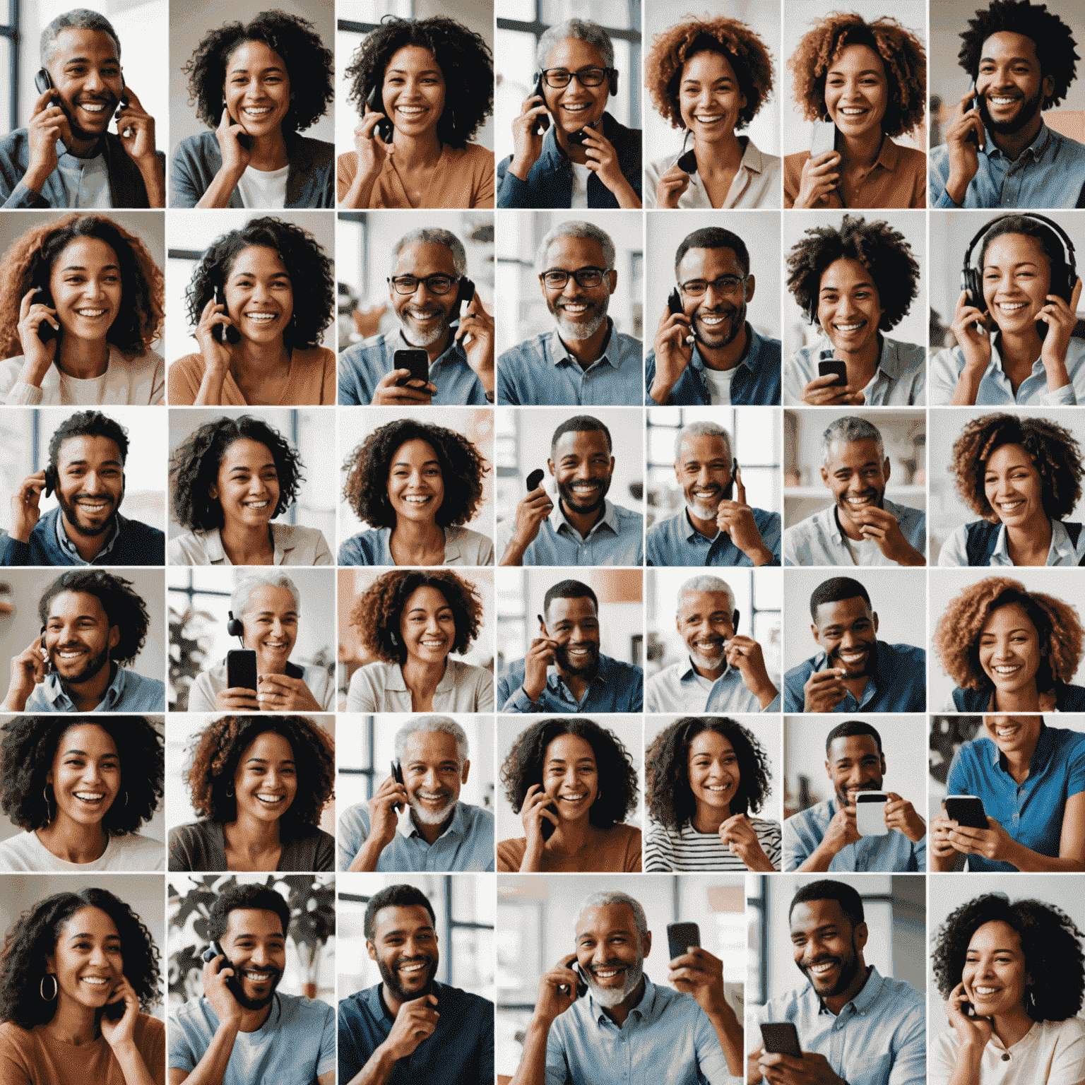 A collage of diverse, smiling people using mobile phones, representing satisfied customers enjoying our voice plans. The image shows people of various ages and ethnicities engaged in phone conversations in different settings - at home, in offices, and outdoors.