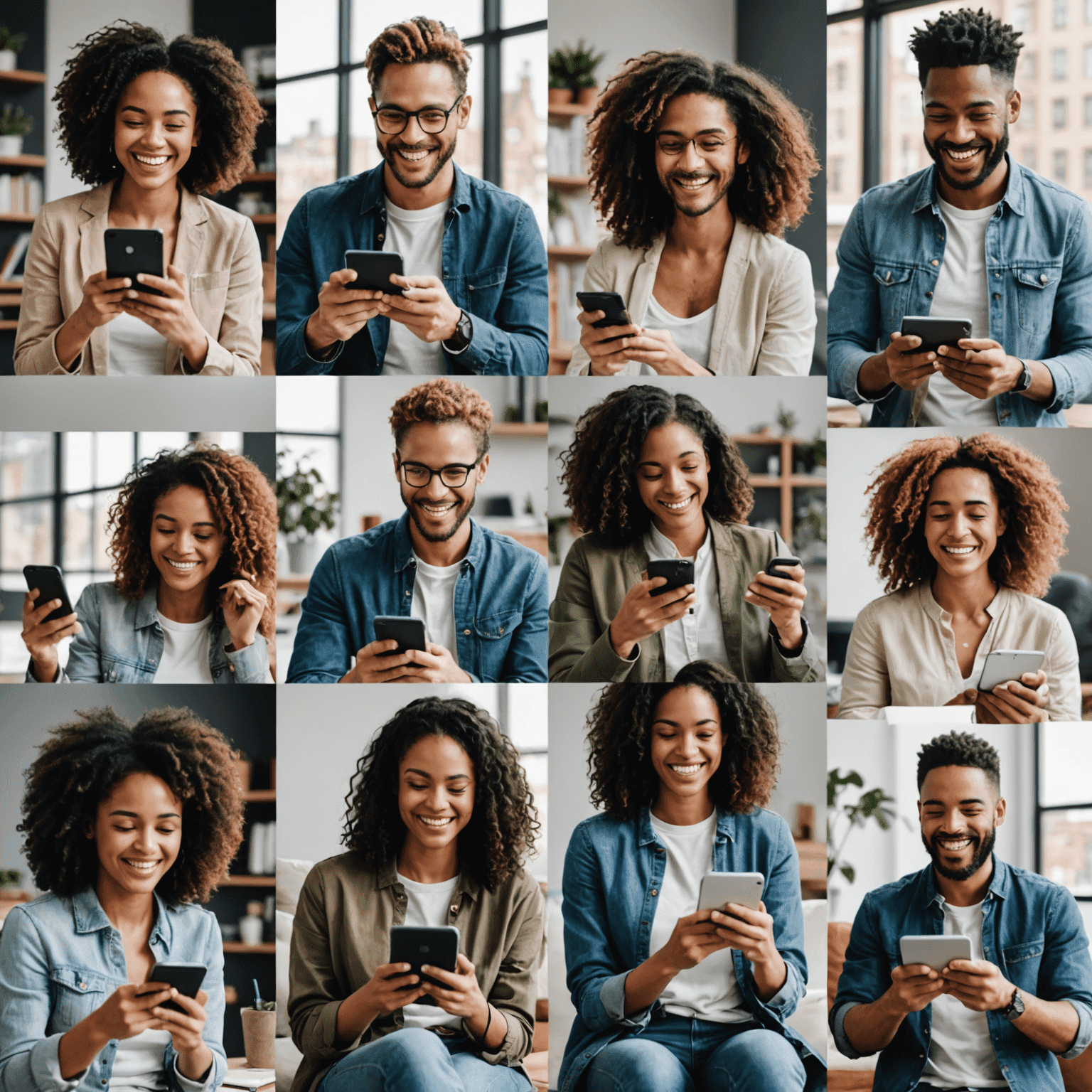 A collage of diverse people smiling while using their smartphones and tablets, showcasing the joy and satisfaction of using our high-speed data packages for various online activities.