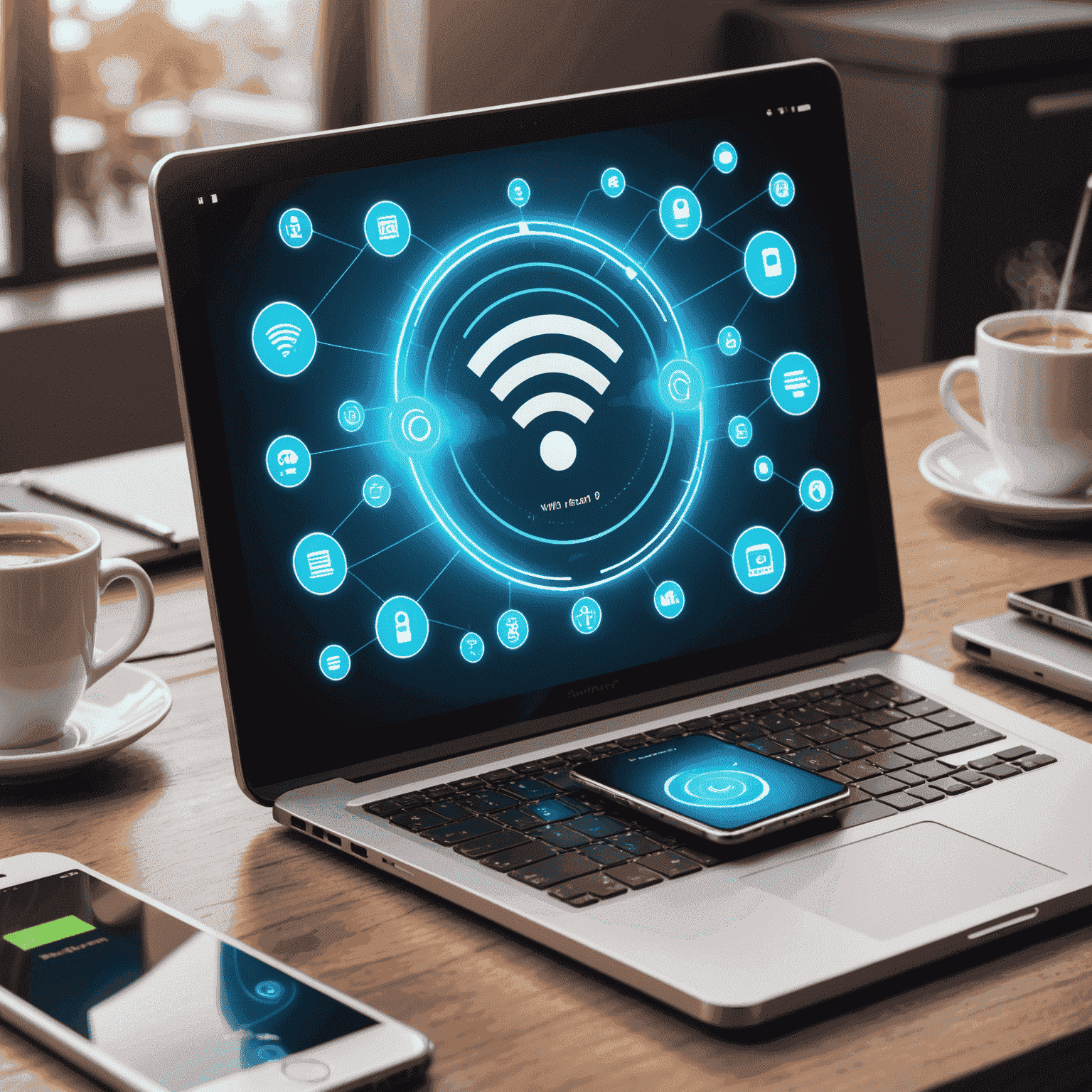 A smartphone emitting Wi-Fi signals, surrounded by various connected devices such as laptops, tablets, and other smartphones, illustrating the mobile hotspot feature in action.