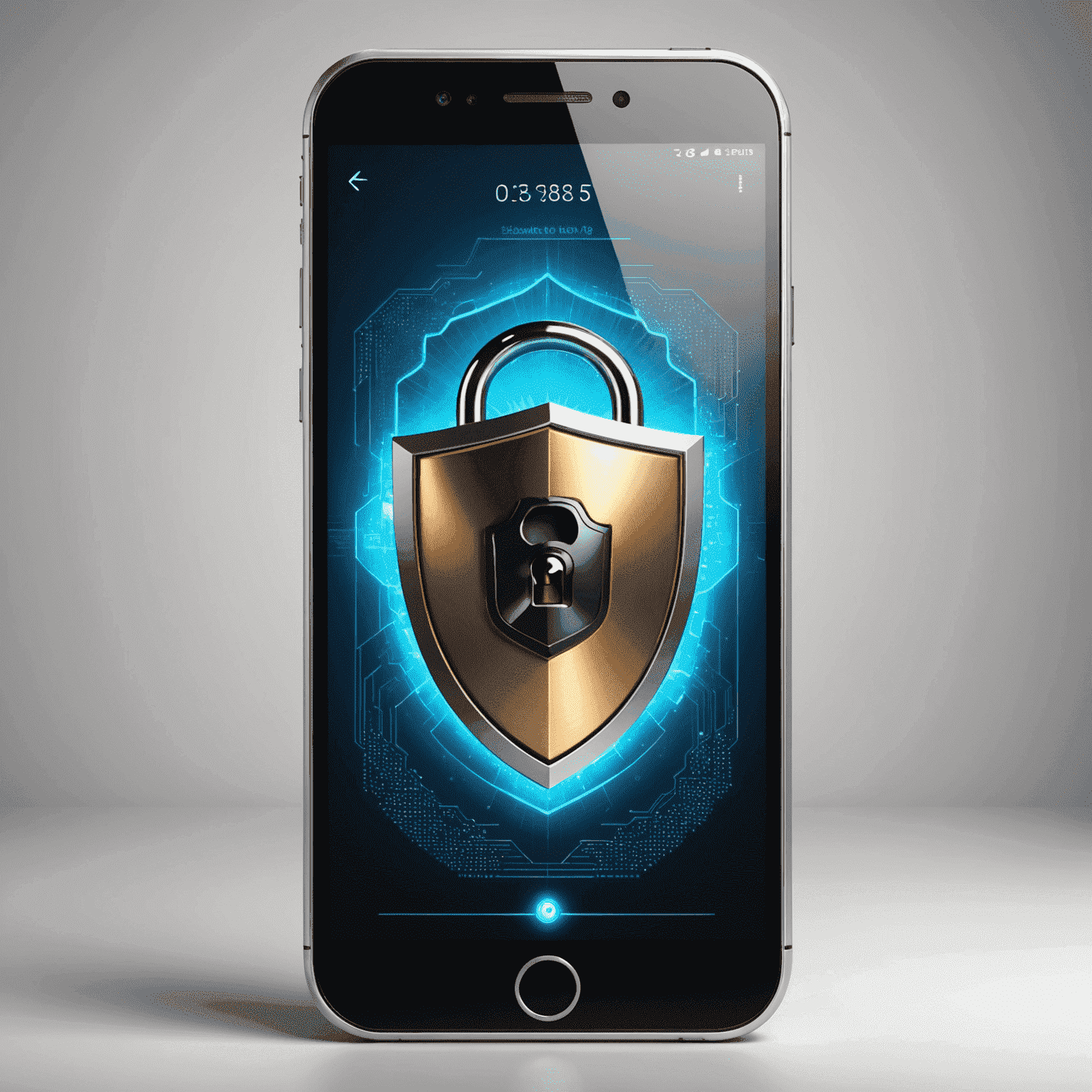 A smartphone with a digital lock and shield, representing mobile security and protection against cyber threats