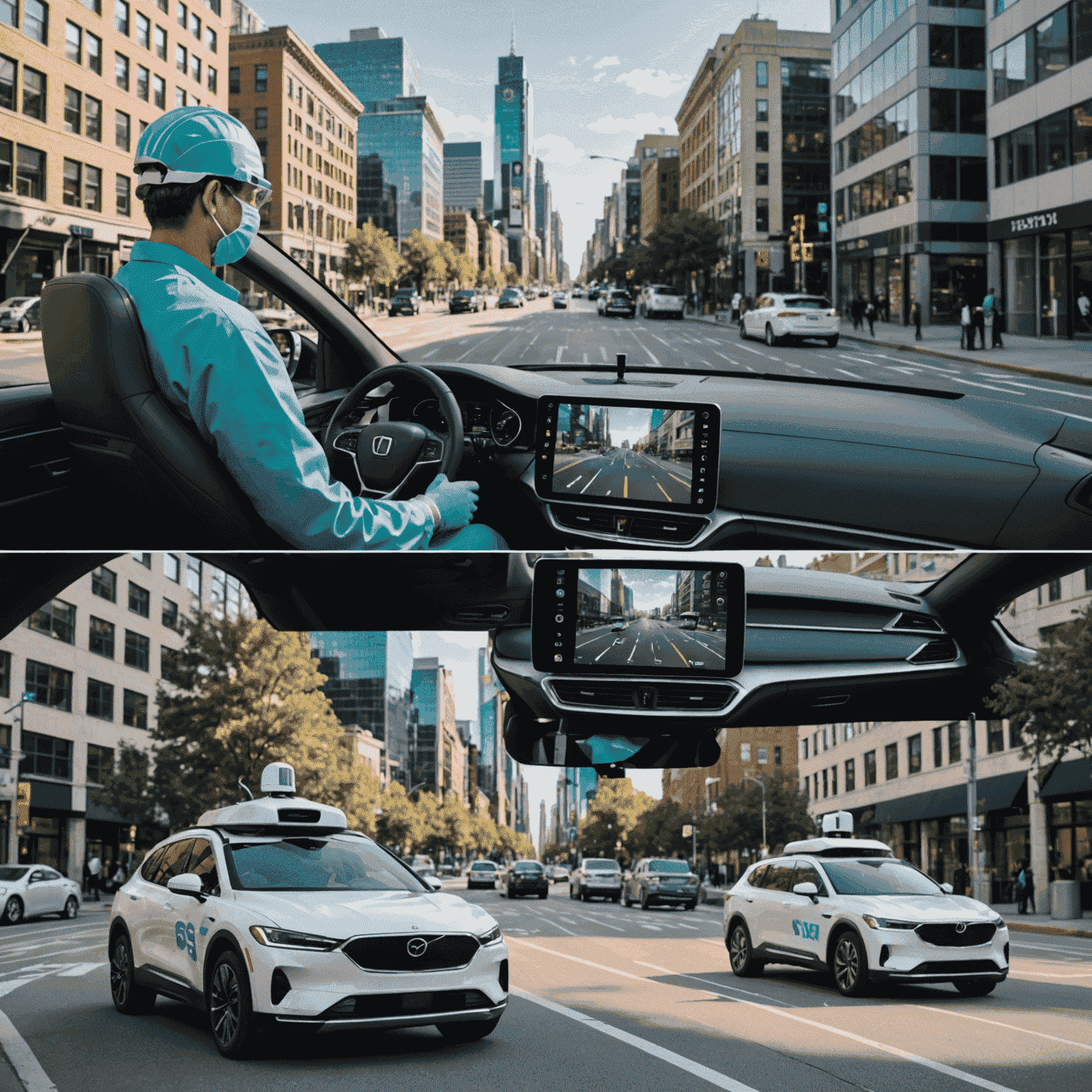 A split-screen image showing a surgeon performing remote surgery using 5G technology on one side, and a self-driving car navigating city streets on the other, emphasizing the low latency capabilities of 5G