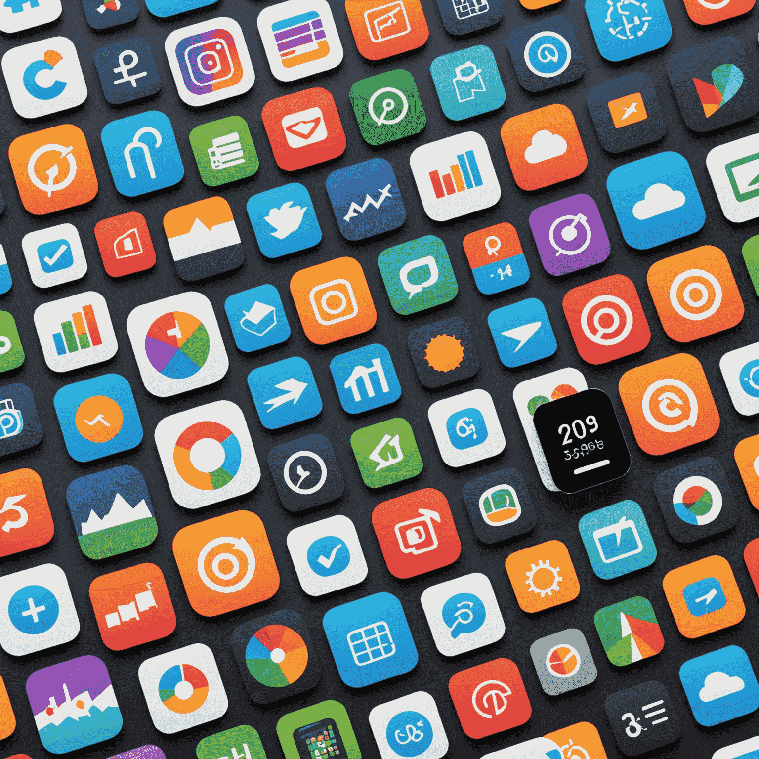 A collage of popular mobile app icons with graphs and charts, illustrating app store trends and analytics