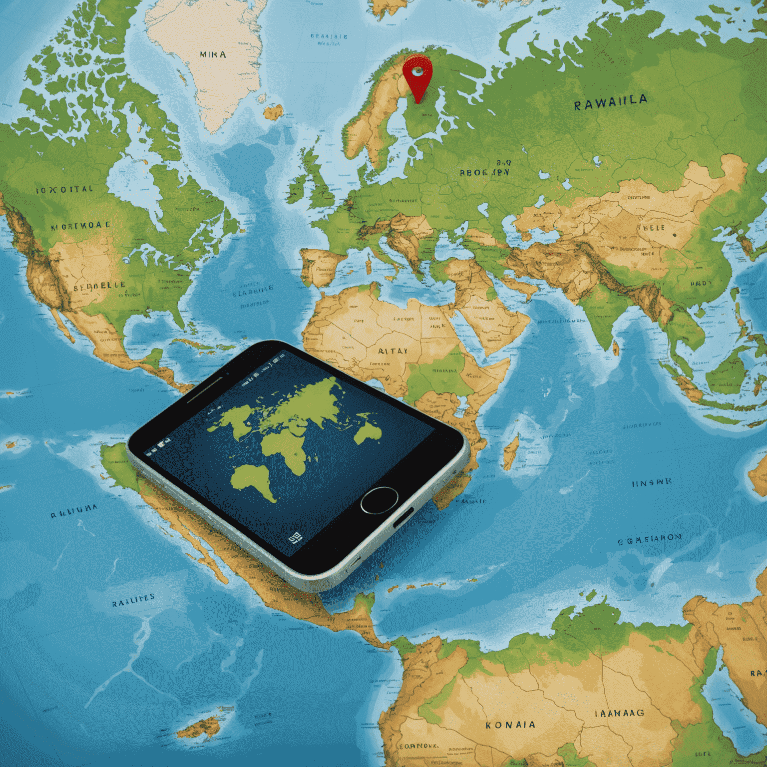 A world map with highlighted countries and a smartphone showing roaming options